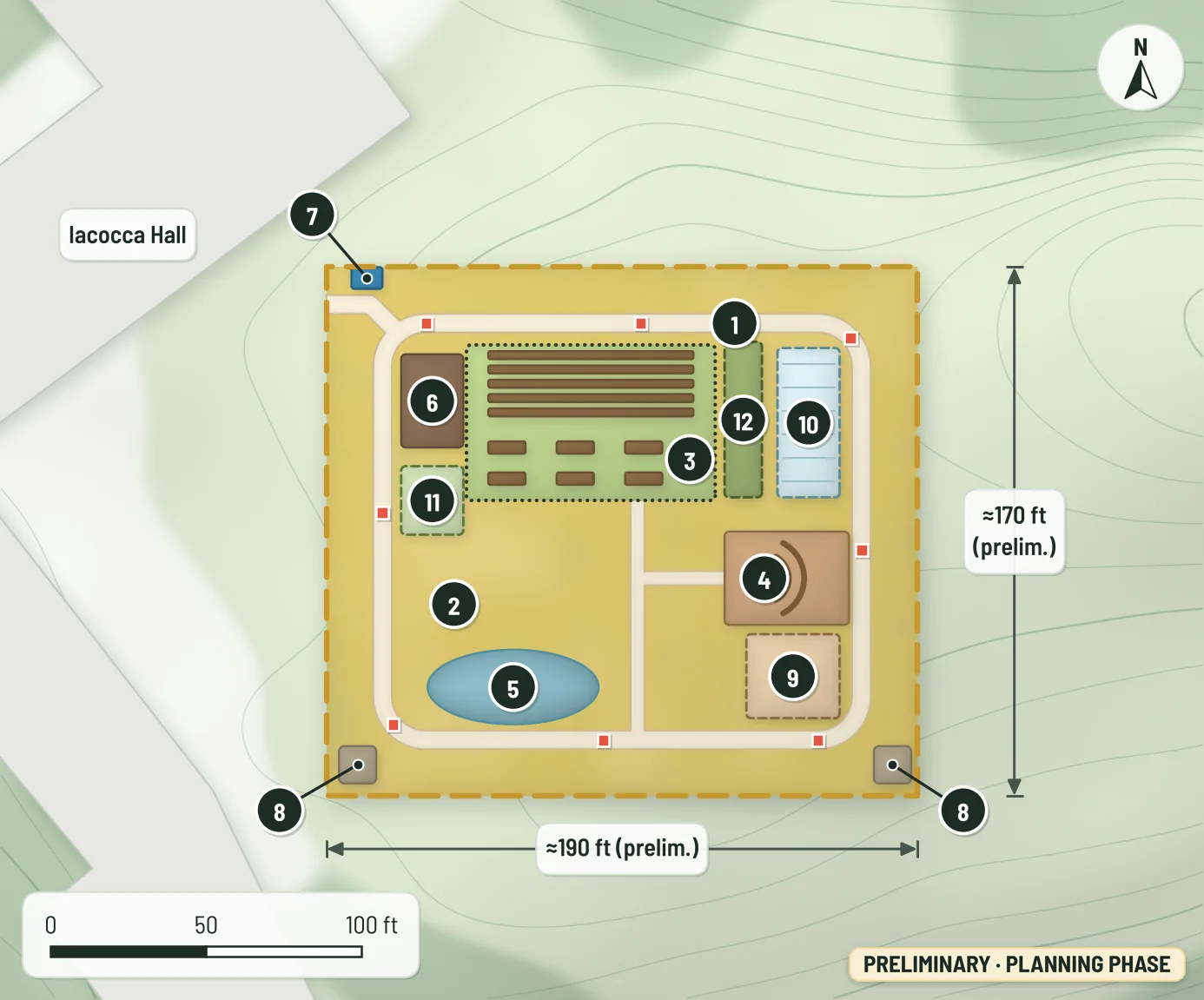 Illustrative pilot plan on a simplified map of the East Summit Lawn, north up, beside Iacocca Hall. A dashed gold footprint, about 190 by 170 feet (preliminary), holds numbered features 1 to 12 that match the key: a pale accessible loop path, meadow, a deer-fenced edible garden with raised beds, an outdoor classroom, a rain garden, a compost yard, a water point, two quiet seating spots and four optional items in dashed outlines. Small red squares mark signs. A scale bar, a north arrow and a chip in the bottom-right corner reading “Preliminary · planning phase”.